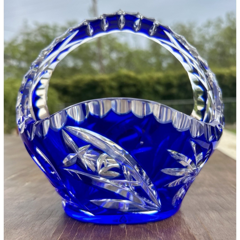 Vintage Crystal Basket Cobalt Blue Cut to Clear  Bohemian Mint 6" x 6" x 4"
